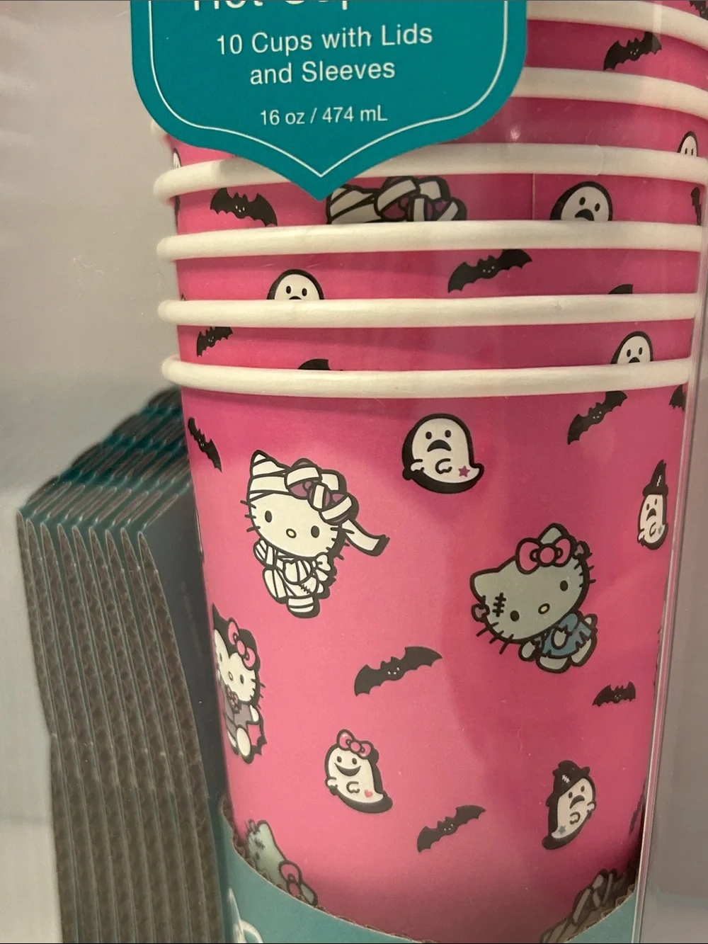 Hello Kitty Pink and Black Halloween Hot Cup Set. 10 cups with lids.